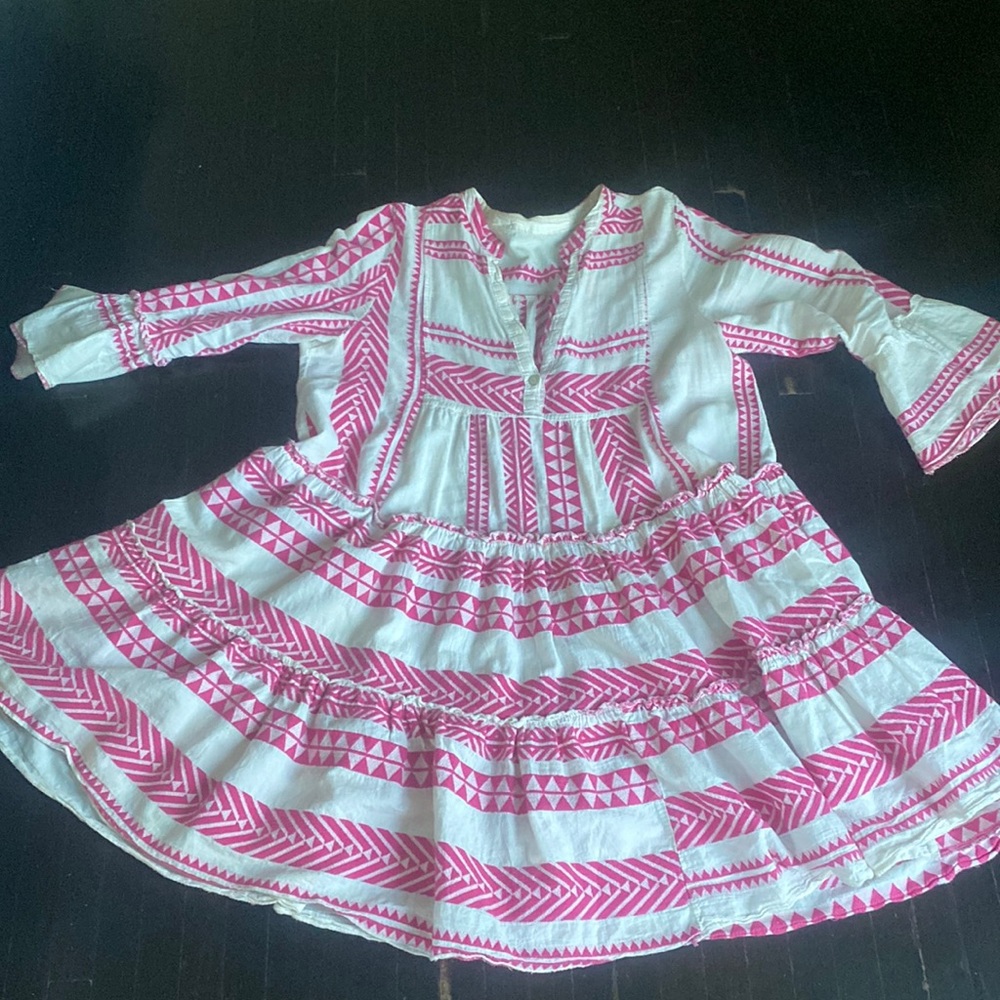 Greek Embroidered Tunic Dress, fuchsia and white, M-L